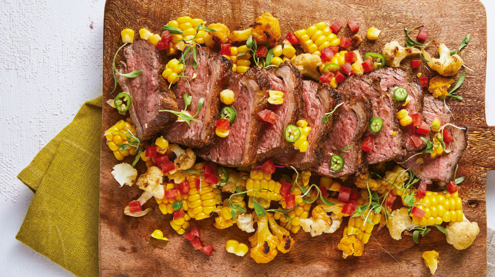 Receta de filete de flanco con coliflor y elote